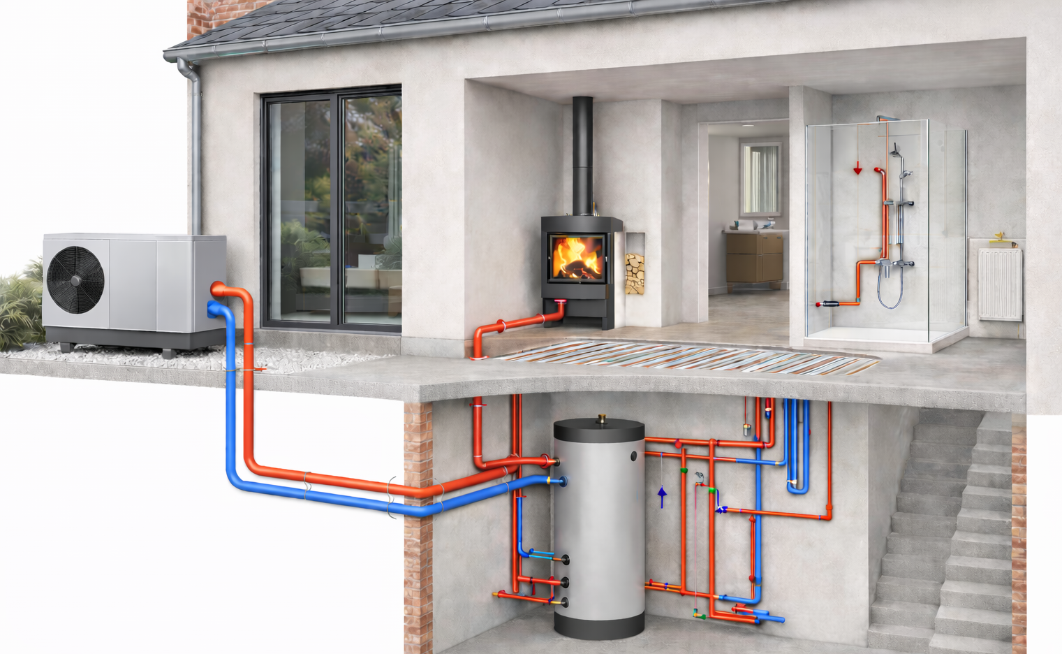 Moderne Hybrid-Heizsysteme - Kombination von Wärmepumpe und wassergeführtem Kamin - Korbus Meisterbetrieb / Fachbetrieb, Heeslingen